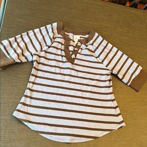 ANTHROPOLOGIE Maeve Half Sleeve Henley Tee Striped Purple Brown size XL